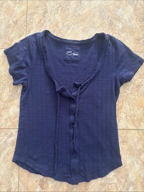 aerie Navy Ribbed Short-Sleeve Button-Up Top
